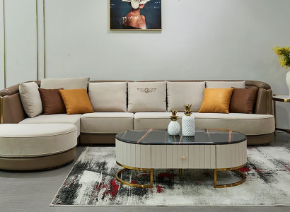 Ecksofa L Form Couchtisch Sofa Couch Design Polster Textil Modern Beige Tisch