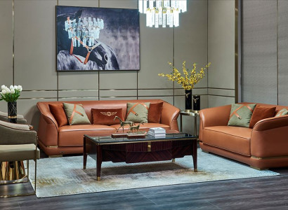 moderne Sofa Garnitur 3+2 Sitzer Design Ledersofa Couch Leder Orange Gruppe Neu