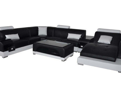 Leder Sofa mit USB Moderne Sitz Couch Polster Design Eck Couchen + Tisch + Licht