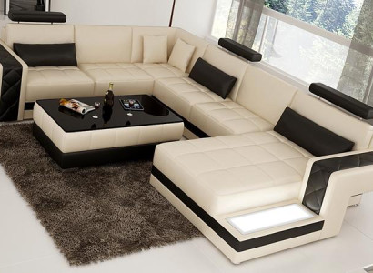 Beige Sofa Ecksofa Wohnlandschaft mit Regal Polster Sitz Garnitur Ledersofa USB