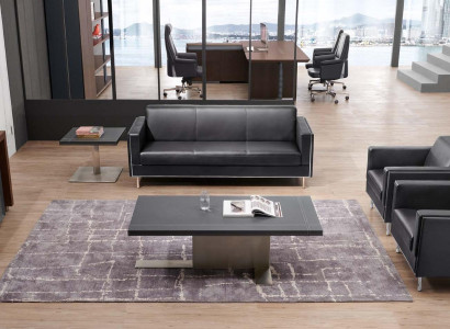Elegantes schwarzes Kunstleder-Sofa-Set mit Edelstahl-Details