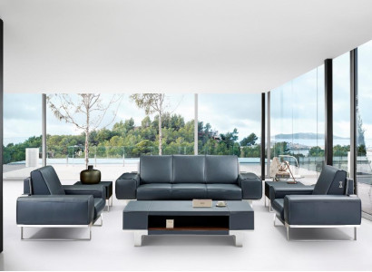 Kunstleder Sofa-Set in Schwarz mit Edelstahl-Details und modernem