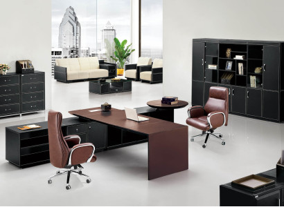 Eleganter Leder-Eckschreibtisch in MDF und Edelstahl in Schwarz