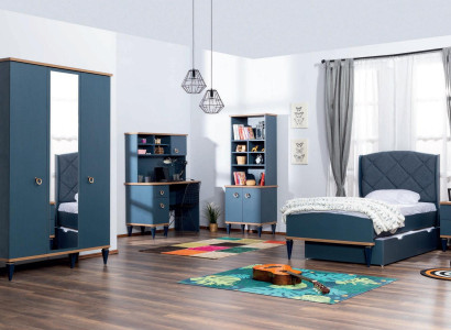 Blaues Kinderzimmer Set Bett Nachttisch Kleiderschrank Regal Schreibtisch Neu