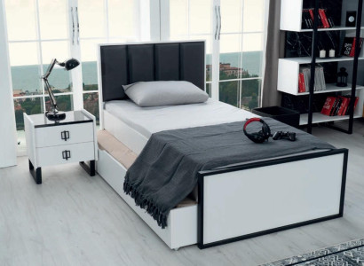Teeneger Zimmer Jugend Schlafzimmer Möbel Bett + Nachttisch Schwarz Weiß 2tlg.