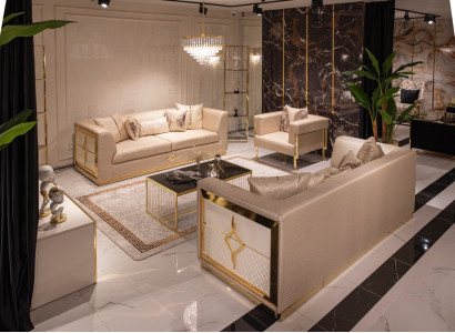 Sofagarnitur 3+3+1 Sitzer Sofa Sessel Gruppe Set 3tlg Beige Gold Möbel Neu