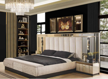 Bett 2 Nachttisch 3tlg Schlafzimm Luxus Designer Möbel Doppelbett Gold Hochglanz