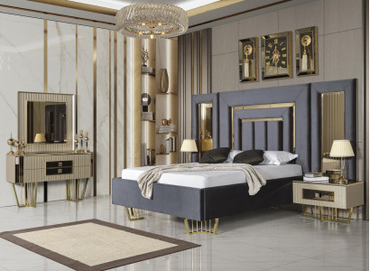 Villen Schlafzimmer Bett Doppelbett 2x Nachttische Kommode Spiegel Möbel