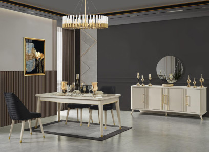 Esszimmer Essgruppe Esstisch 6x Lehnstühle Kommode Spiegel Tisch 9tlg.