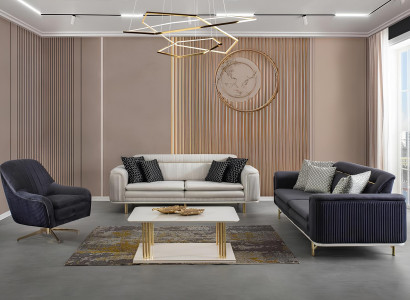 Moderne Wohnzimmer Garnitur blaues Sofa + blauer Sessel + Couchtisch neu modern