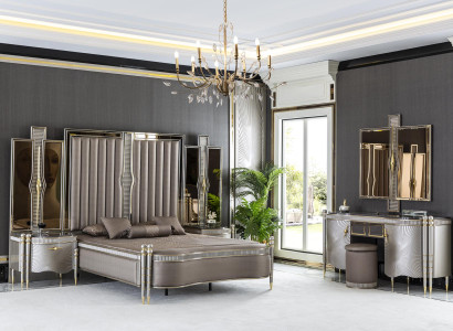 Schlafzimmer Set Braun Bett 2x Nachttisch Schminktisch Spiegel 5 tlg.