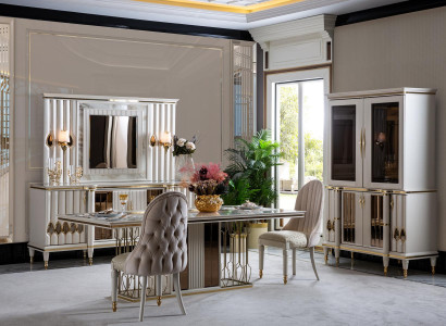 Esszimmer Set Weiß Esstisch Luxus 4x Stühle Anrichte Vitrine Neu 8tlg.