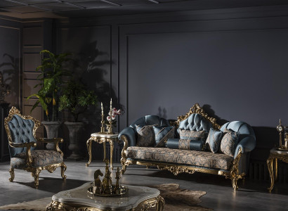 Wohnzimmer Set Blau Sofagarnitur Sessel 2x Beistelltisch Couchtisch 5tlg.