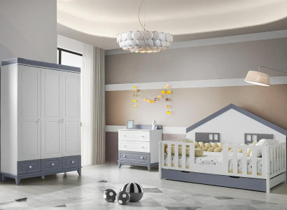 Modernes 3tlg Kinderzimmer Set Hausbett Kleiderschrank & Kommode