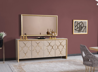 Esszimmer Garnitur Sideboard mit Spiegel Luxus Sideboard Holz beige 2tlg