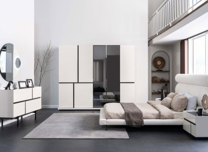 Weißes Schlafzimmer Set Doppelbett Kleiderschrank 2x Nachttische Spiegel