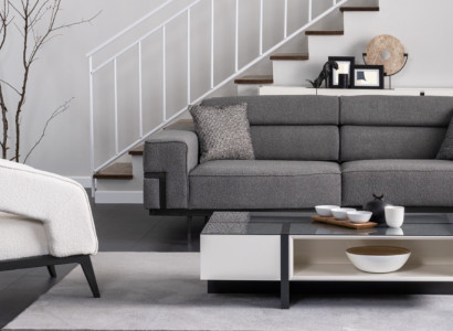 Grau-Weiße Polster Garnitur Wohnzimmer 3-Sitzer Sessel Holz Couchtisch