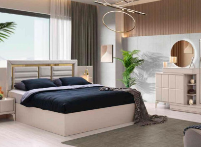 Schlafzimmer-Set 5tlg Modern Beige Farbe Bett Nachttische Schminktisch Spiegel