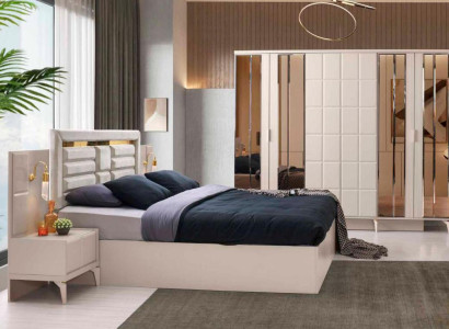 Schlafzimmer-Set 4tlg Beige Bett Nachttische Kleiderschrank Modern Design Stil