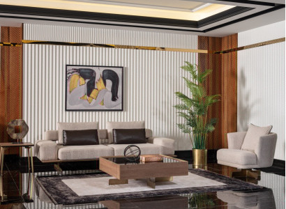 Beige Holz-Textil Wohnzimmer Set modern Sofa und Sessel