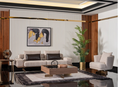 Beiger Holz-Textil Metall Sessel im modernen Design