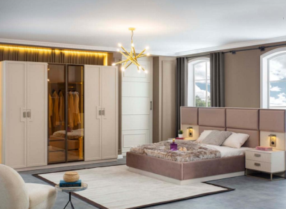 Beige Schlafzimmer-Set Bett 2x Nachttische Luxusmöbel Doppelbett 160x200