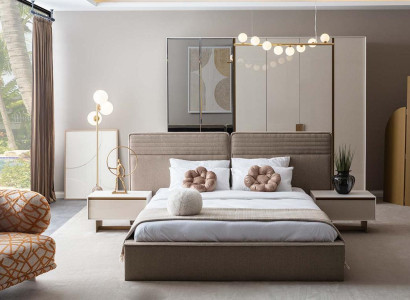 Polsterbett 2x Nachttische Holz Luxuriöses Beige Schlafzimmerset neu