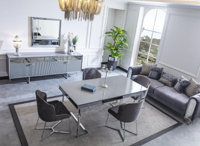 Stilvolles Graues Esstischset Schiebetisch 4 bequeme Stühle Küche Sessel