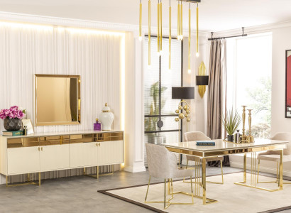 Stylish Gold Dining Set bequeme Stühle Tisch Küche Holzmöbel Luxusmöbel