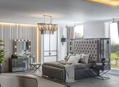 Graues Schlafzimmer Set Doppelbett Chesterfield Nachttische stilvolle neu