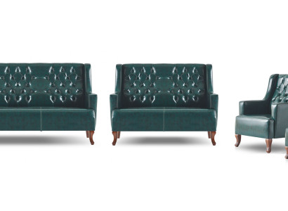 Sofa-Set Chesterfield Grün Klassisch Leder 3-Sitzer Sessel 2-Sitzer Holz