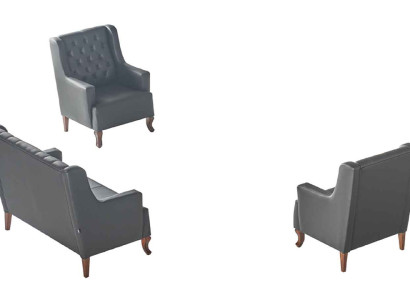 Sofa-Set Chesterfield 3-Sitzer Sessel Schwarz Leder Holz Klassisch Couch