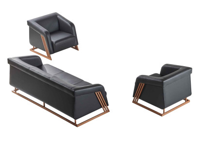 Sofa-Set Sitzmöbel Ledersofas 3-Sitzer Sessel Edelstahl Holz Schwarz