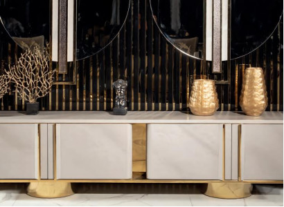 Sideboard Möbel Wohnzimmer Einfarbig Luxus Design Einrichtung metall Beige Holz