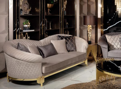 Sofa 3 Sitzer Luxus Beige Wohnzimmer Modern Einfarbig Polyester Mit Kissen Neu