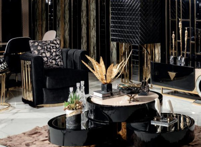 Wohnzimmer Set 3tlg Sessel Couchtisch Vitrine Luxus Schwarz Einfarbig Polyester