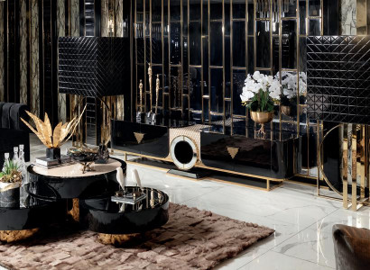 Set 6tlg Sessel Couchtisch Sideboard mit Spiegel Vitrine Wohnzimmer Luxus Holz