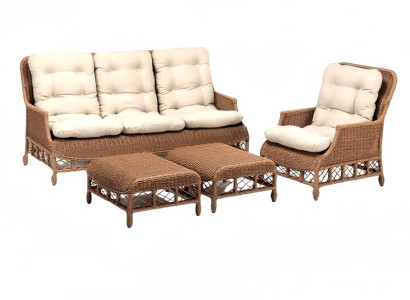 Robuste Garten Rattan Garnitur Braun Sessel Gartenmöbel 2x Hocker Sofa 3 Sitzer