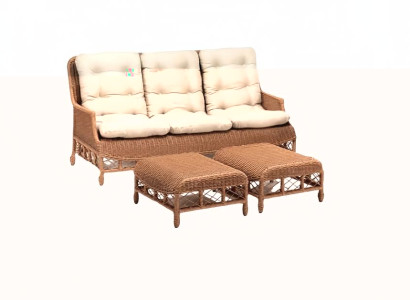 Moderne Gartenmöbel Garnitur Exklusiver 3-Sitzer Sofa Luxuriöse 2x Hocker Braun