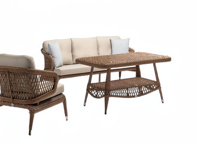 Robuste Garten Rattan Garnitur Couchtisch Gartenmöbel Braun Sessel Sofa 3 Sitzer