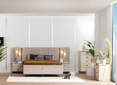 Komplette Schlafzimmer Set Doppelbett Schminktisch Beige 8tlg Holz Modern
