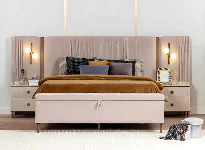 Schlafzimmer Garnitur Bett Nachttische 4tlg Doppelbell Beige Holz Design