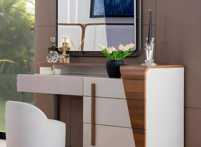 Garnitur Schminktisch Spiegel mit Puff Frisiertisch Holz Weiß 3tlg Set