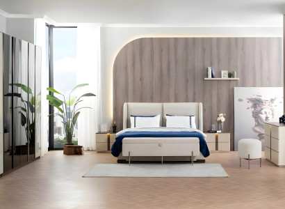 Schlafzimmer Garnitur Doppelbett Schrank Beige 9tlg Kommode Nachttisch
