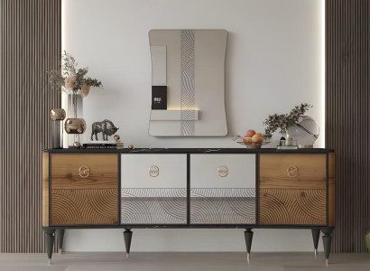 Gruppe Anrichte mit Spiegel Sideboard Kommode Schrank Holz Braun Set