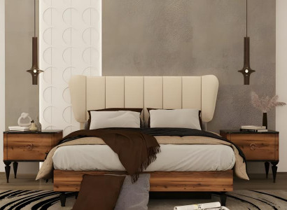 Schlafzimmermöbel Doppelbett Nachttische Stoff Holz Braun Bett 3tlg