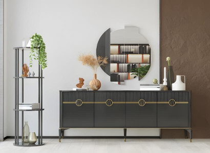 Garnitur Anrichte Spiegel Schrank Holzschrank Grau Holz Kommode Luxus