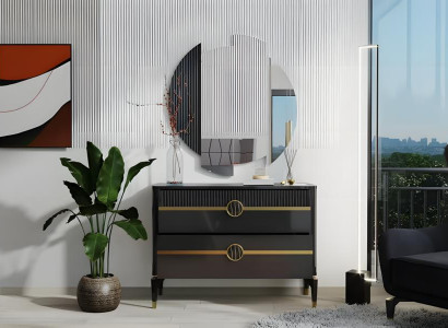 Garnitur Kommode mit Spiegel Schrank Holzschrank Grau Schminkkommode