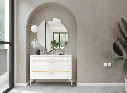 Kommode mit Spiegel Schrank Holzcshrank Holz Weiß Schlafzimmer Design