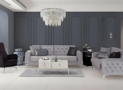 Garnitur Dreisitzer Sessel Stoffsofa Polstersofa Grau Couch Sofa 3tlg